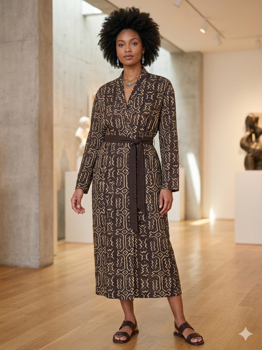 Vintage Norma Kamali, Mudcloth Print, Geometric Midi Dress Size Medium.